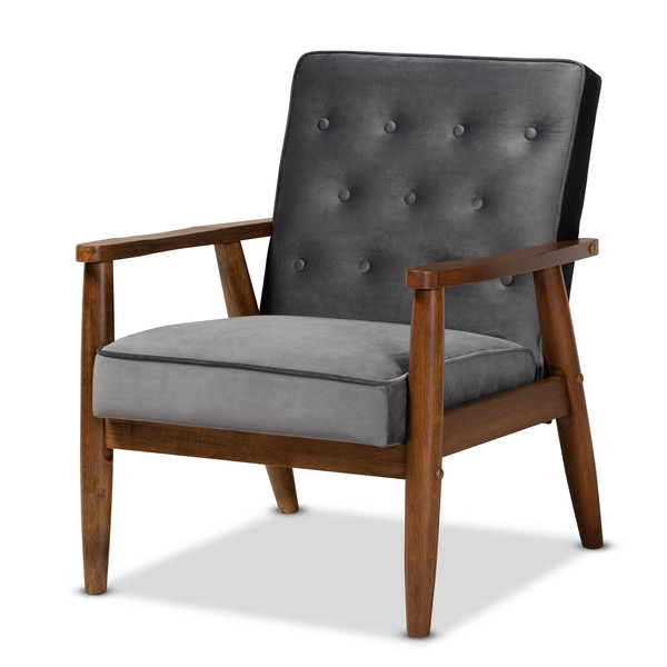 Baxton Studio Sorrento Grey Velvet Upholstered Walnut Finished Wooden Lounge Chair 160-9937